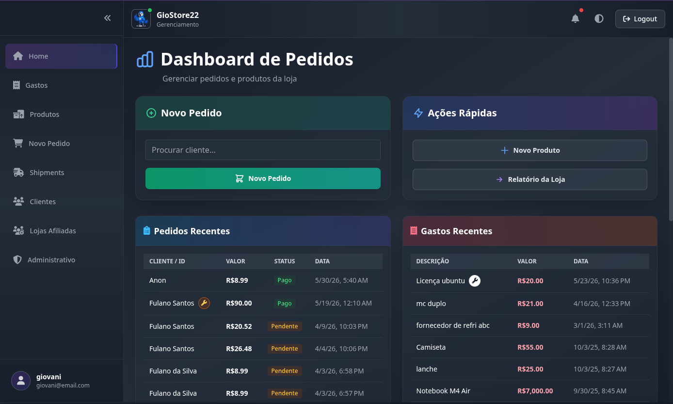 Dashboard do Blu3r com resumo de pedidos e gastos